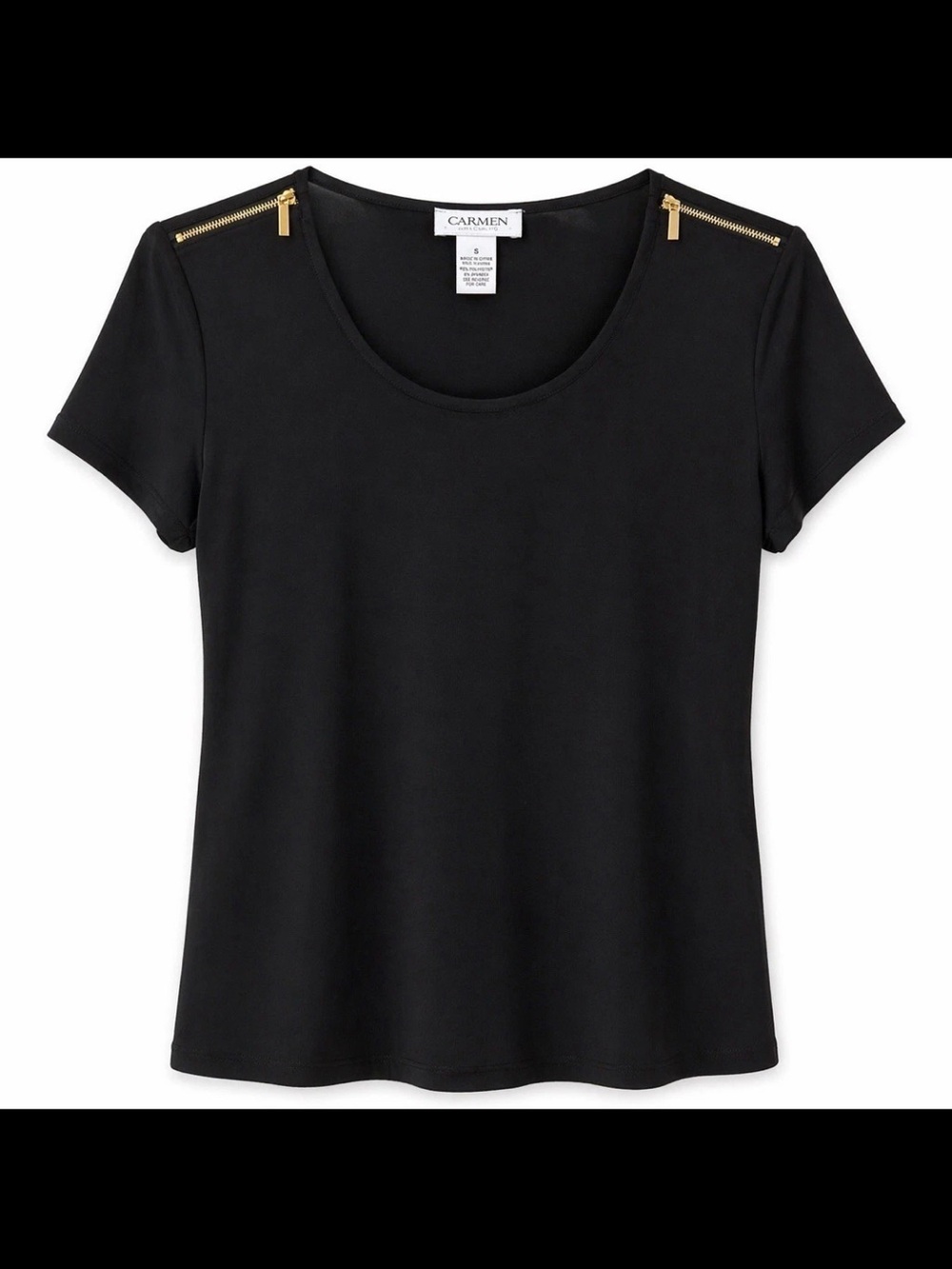 Carmen Marc Valvo Black Top S Gold Shoulder Zippers Stretch Blouse Designer